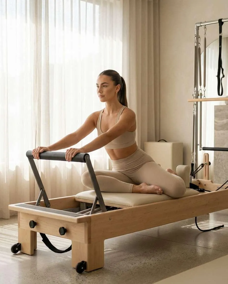 Woman practising Pilates on a wooden reformer in a sunlit minimalist interior