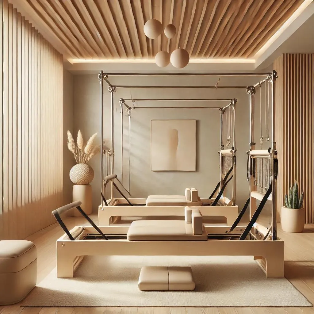 A calm, warm Pilates studio with wooden reformers and soft natural light